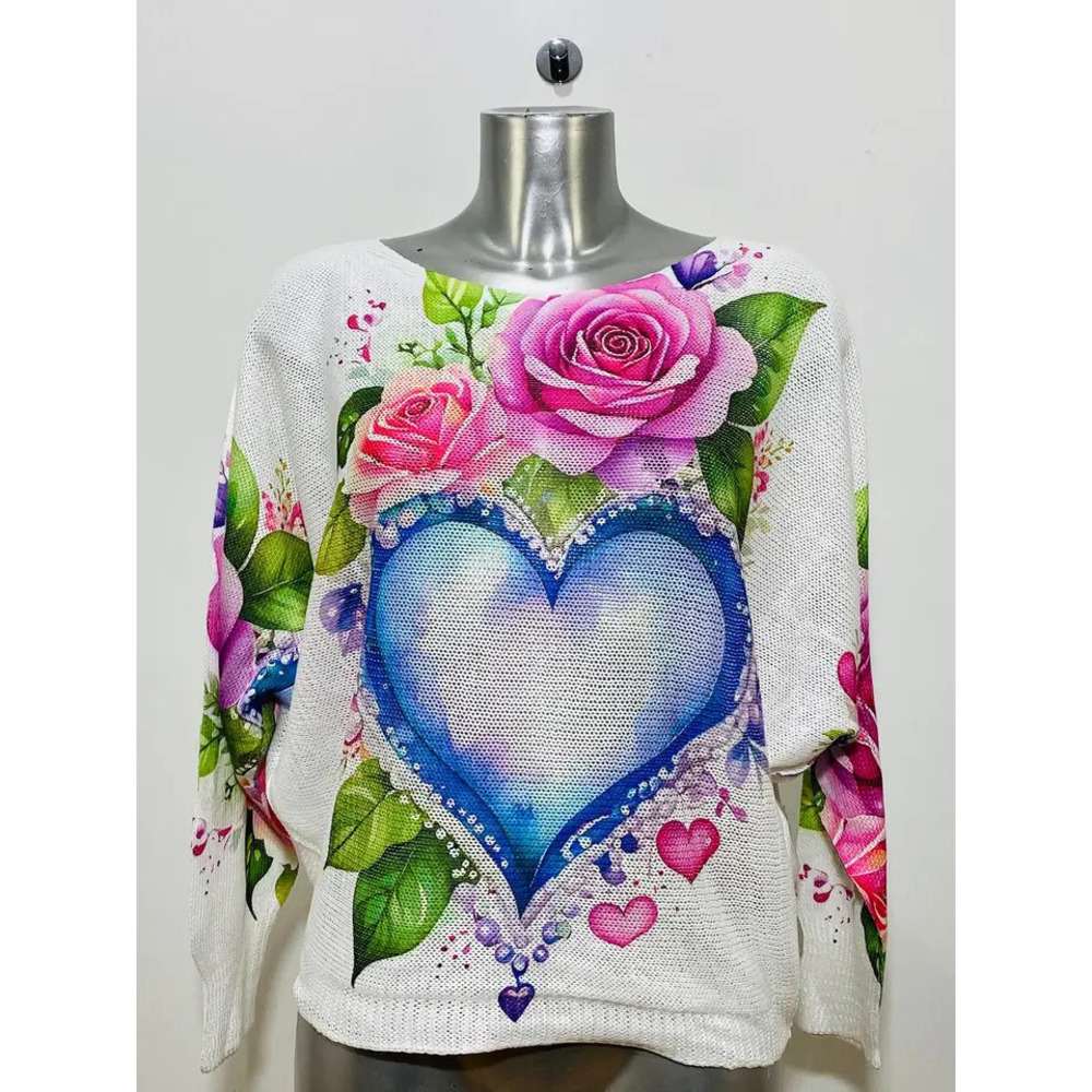 L75 Loowie Blue Heart Round Neck Knit Printed Sweater One Size